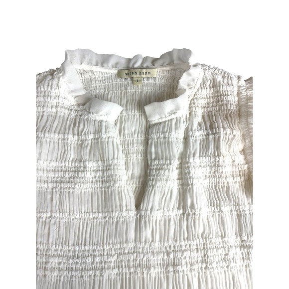 Anthropologie Sarah Hann Sheer Ruffle Shirred Top Blouse White Short Sleeve Sz L - Picture 8 of 11